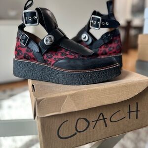 Coach Women 8 Platform Boots Cut Out Creepers Black Red Leopard Hair Leather